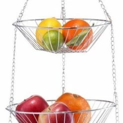 Promo 😍 Zilveren Ronde Fruitschaal 3-laags Hangend 72 Cm - Zeller - Keukenaccessoires/benodigdheden - Fruitschalen/fruitmanden - Fruitschalen Van Metaal 🎉