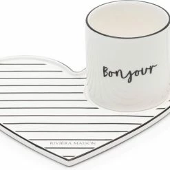 Hete verkoop 😉 Riviera Maison Mok Met Tekst - Bonjour Lovely Cup & Saucer - Wit - 1 Stuks ⌛