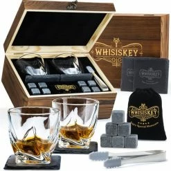 Beste deal 🛒 Whisiskey Luxe Whiskey Set - Incl. 2 Whiskey Glazen, 8 Whiskey Stones, 2 Onderzetters, Fluwelen Opbergzak, Opbergbox - Whisky Geschenkdoos - Glas - Herbruikbare IJsblokjes - Cadeau Voor Man & Vrouw 👏
