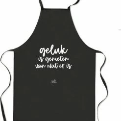 Groothandel 🎉 Zoedt Schort - Zwart Wit - Tekst Geluk Is Genieten Van Wat Er Is 🌟